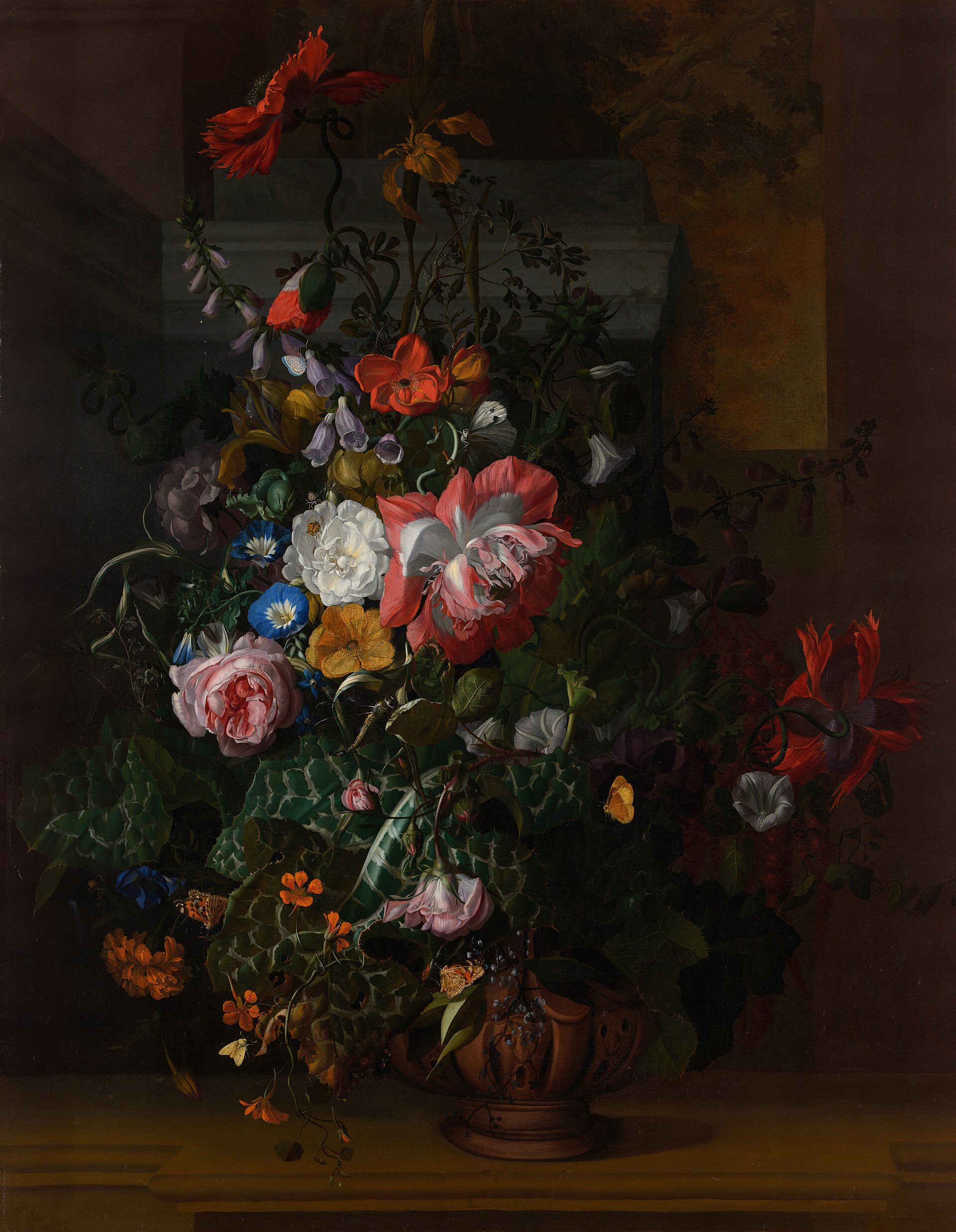 An asymmetrical bouquet of luminous flowers and curling stems against a dark background.